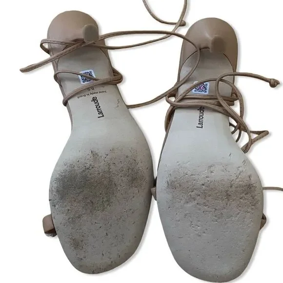 Larroude Goldie Sandals high heels shoes Tan Leather lace up flowers Sz 8.5 - Picture 9 of 15